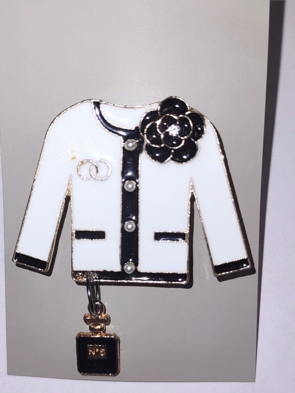 White Business Suit Jacket w/ Black & Gold Camila Flower & Parfum Dangling Charm